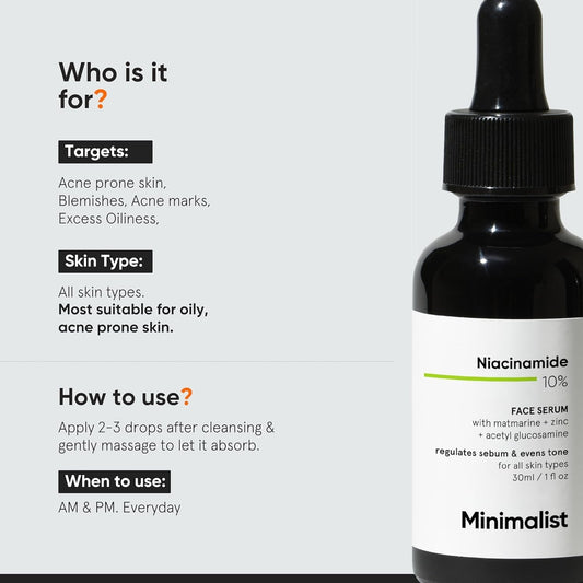 Minimalist Niacinamide 10% Face Serum | Regulates Sebum & Evens Skin Tone | With Zinc | For All Skin Types | 30 ml