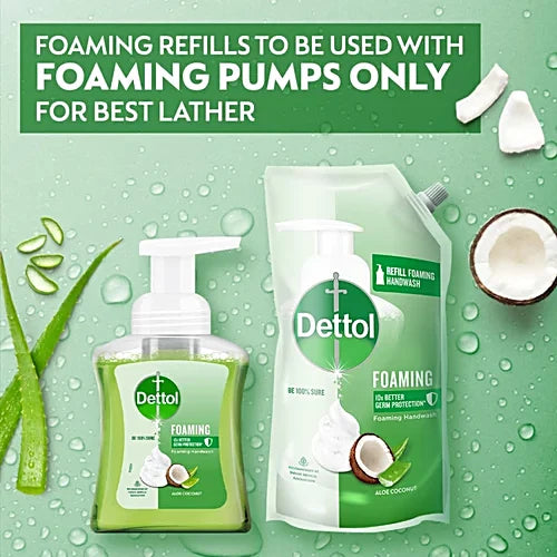 Dettol Foaming Handwash - Pump + Refill Combo, Aloe Coconut, Rich Foam, Moisturizing, Soft On Hands, 250 ml (200 ml Refill Pack)