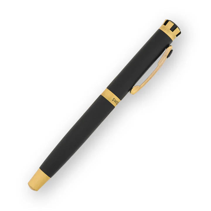 SWISSBRAND Eternia 2510 Matte black gold Rollerball Pen with black gem embedded in the gold trim