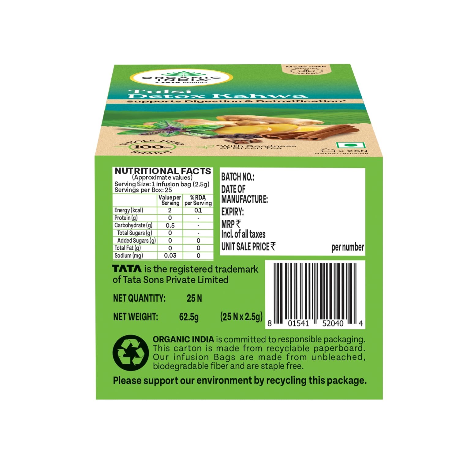 Organic India Tulsi Detox Kahwa - 25 Tea Bags, Helps Improve Digestion & Detoxification, Rich in Antioxidants
