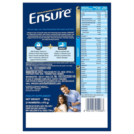 Pack of 2 Ensure Vanilla Flavored Nutritional Powder 950gm Nutrition for Balanced Diet & Daily Health Support
