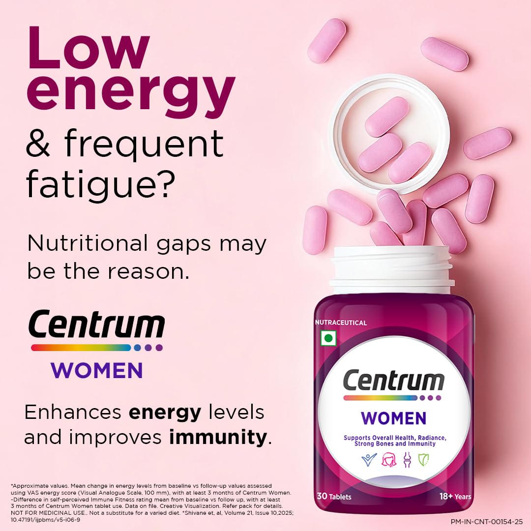 Centrum Women, World's No.1 Multivitamin with Biotin, Vitamin C & 21 vital Nutrients for Overall Health, Radiance, Strong Bones & Immunity (Veg) Pack of 30 Tablets