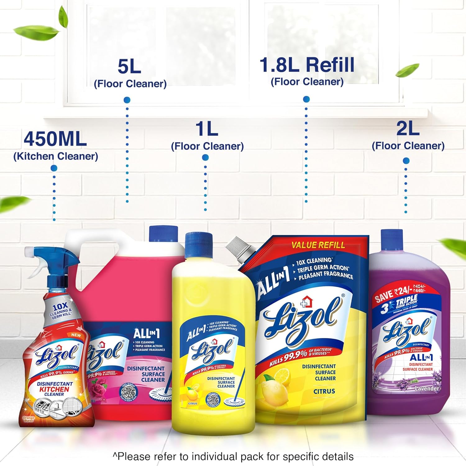 Lizol Disinfectant Surface & Floor Cleaner Liquid Refill Pack, Citrus - 1800 ml