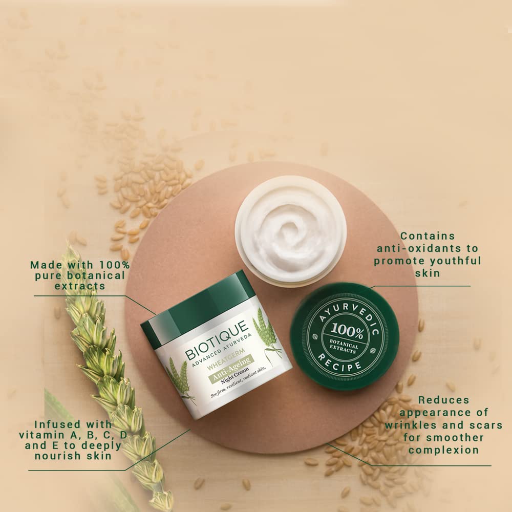 Biotique Wheat Germ Anti- Ageing Night Cream | Reduces Fine Lines | Lightens dark Spots | 50 g