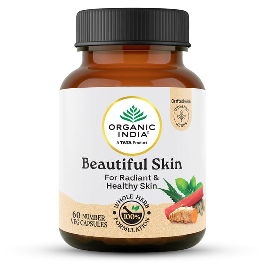 Organic India Beautiful Skin Capsules - 60 Veg Caps, For Healthy, Radiant & Glow, Helps Rejuvenate Skin & Naturally Purify The Blood, GMP & NPOP Certified Organic