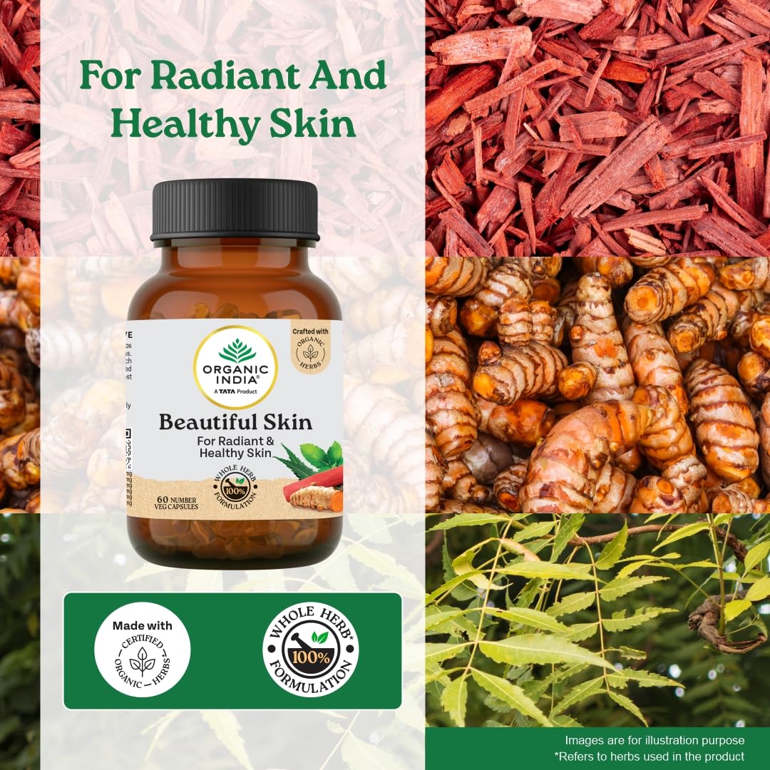 Organic India Beautiful Skin Capsules - 60 Veg Caps, For Healthy, Radiant & Glow, Helps Rejuvenate Skin & Naturally Purify The Blood, GMP & NPOP Certified Organic
