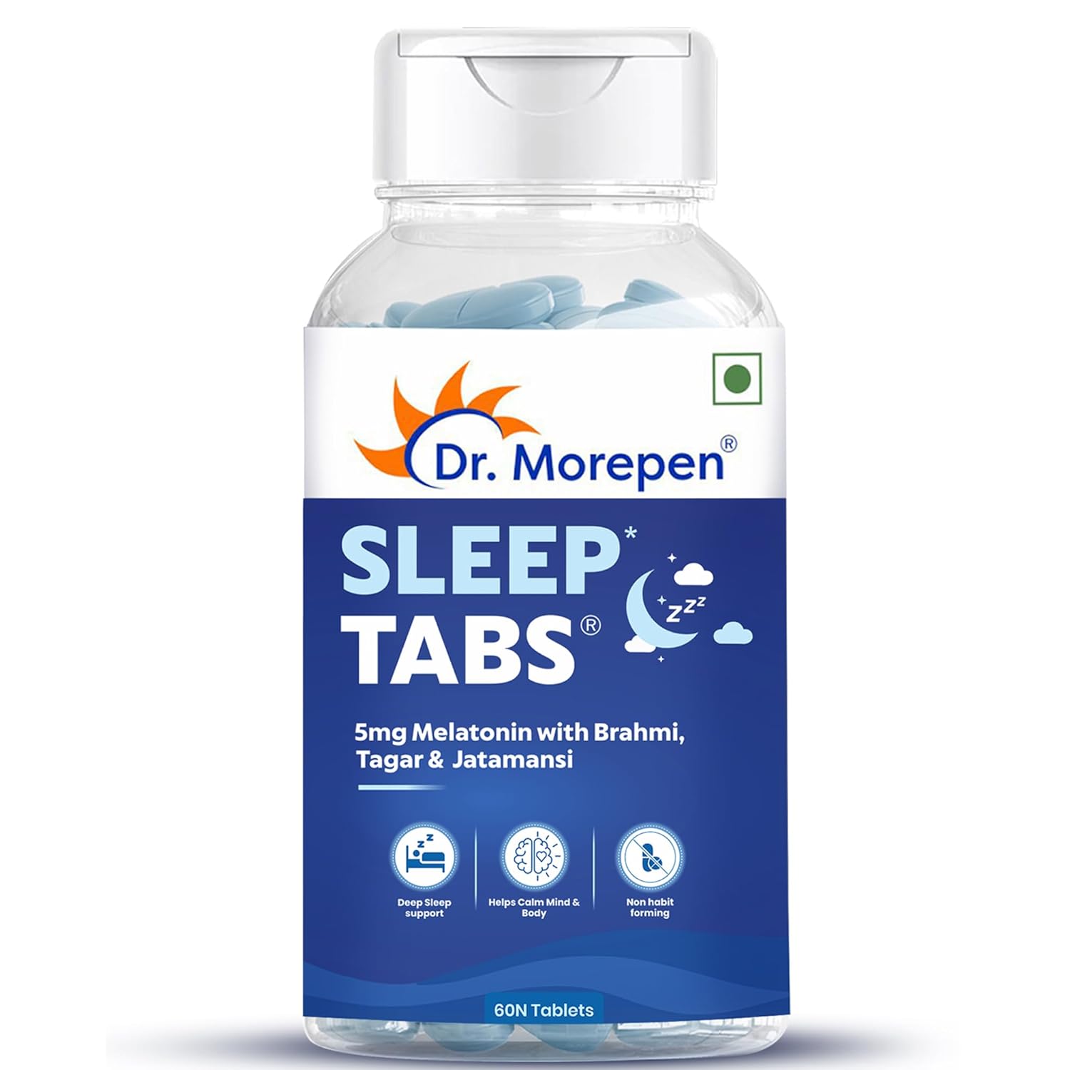 DR. MOREPEN Sleep Tabs with Jatamansi, tagar, Ashwagandha | Non- addictive and Natural For Men and Women - (60 Veg Tablets)
