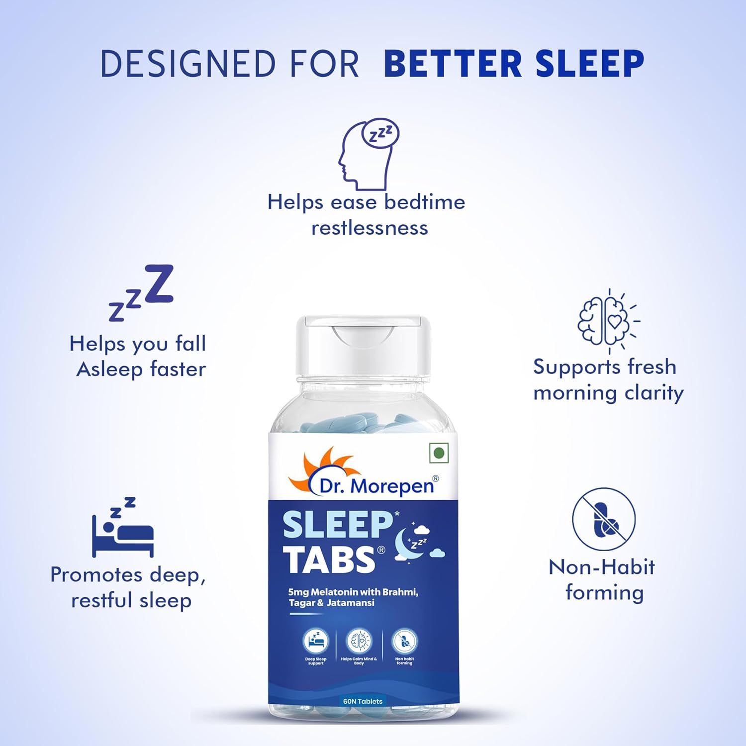DR. MOREPEN Sleep Tabs with Jatamansi, tagar, Ashwagandha | Non- addictive and Natural For Men and Women - (60 Veg Tablets)