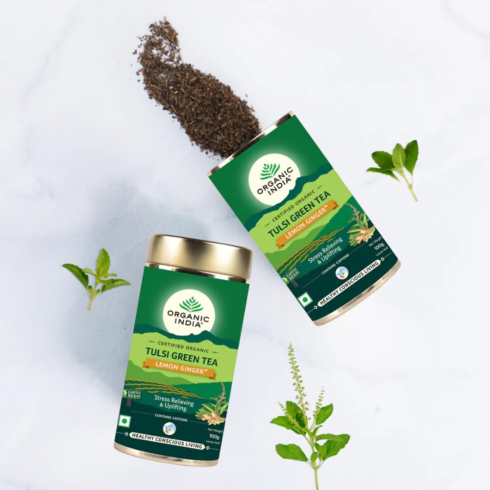 ORGANIC INDIA Tulsi Green Tea Lemon Ginger 100 gm tin