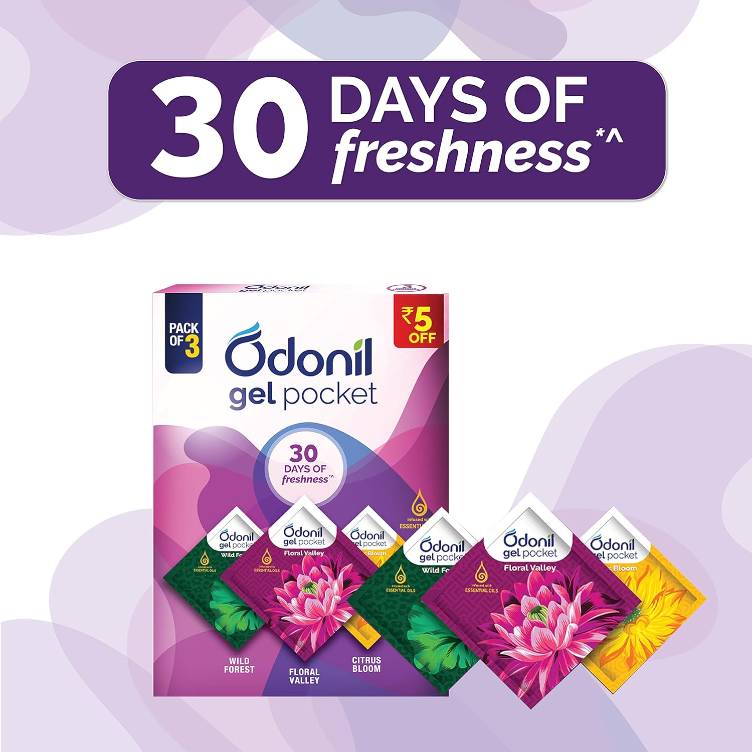 Odonil Gel Pocket Mix - 30g (Assorted pack of 3 new fragrances) | Air Freshener for Bathroom, Toilet, Home & Office